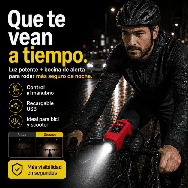 Bocina + Linterna | Hazte visible, alerta y rueda con seguridad