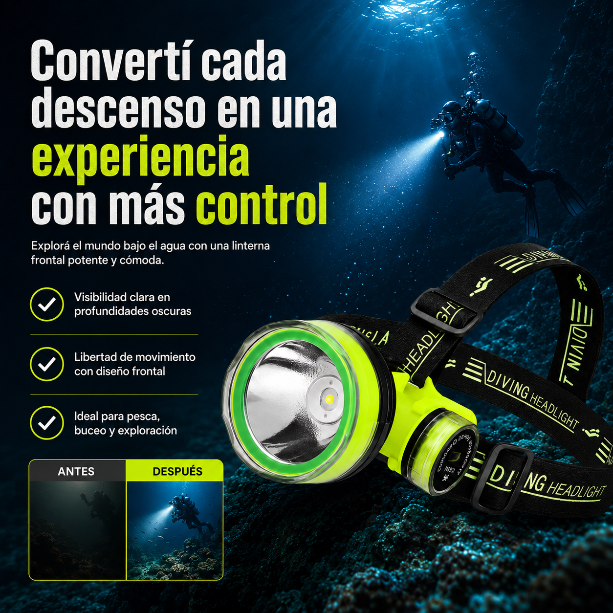 Linterna Frontal Profesional para Buceo – Potencia para Profundidades Extremas