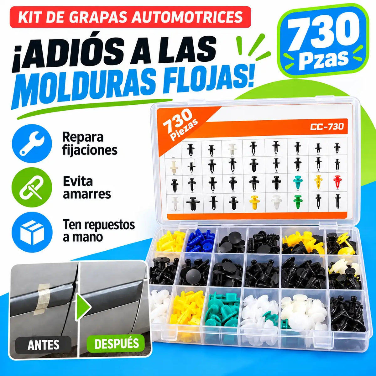 Kit de Grapas Automotrices de 730 Pzas. 🔧 De piezas flojas a un carro bien cuidado