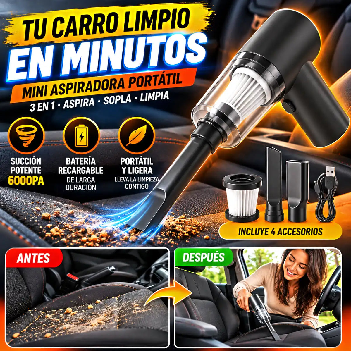 Mini Aspiradora Para Carros 3 en 1 | Limpia en Segundos