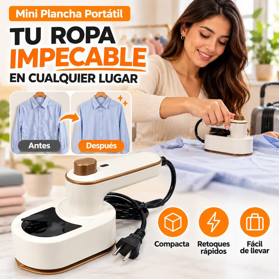 Mini plancha portatil blanca y dorada junto a una prenda lista para usar
