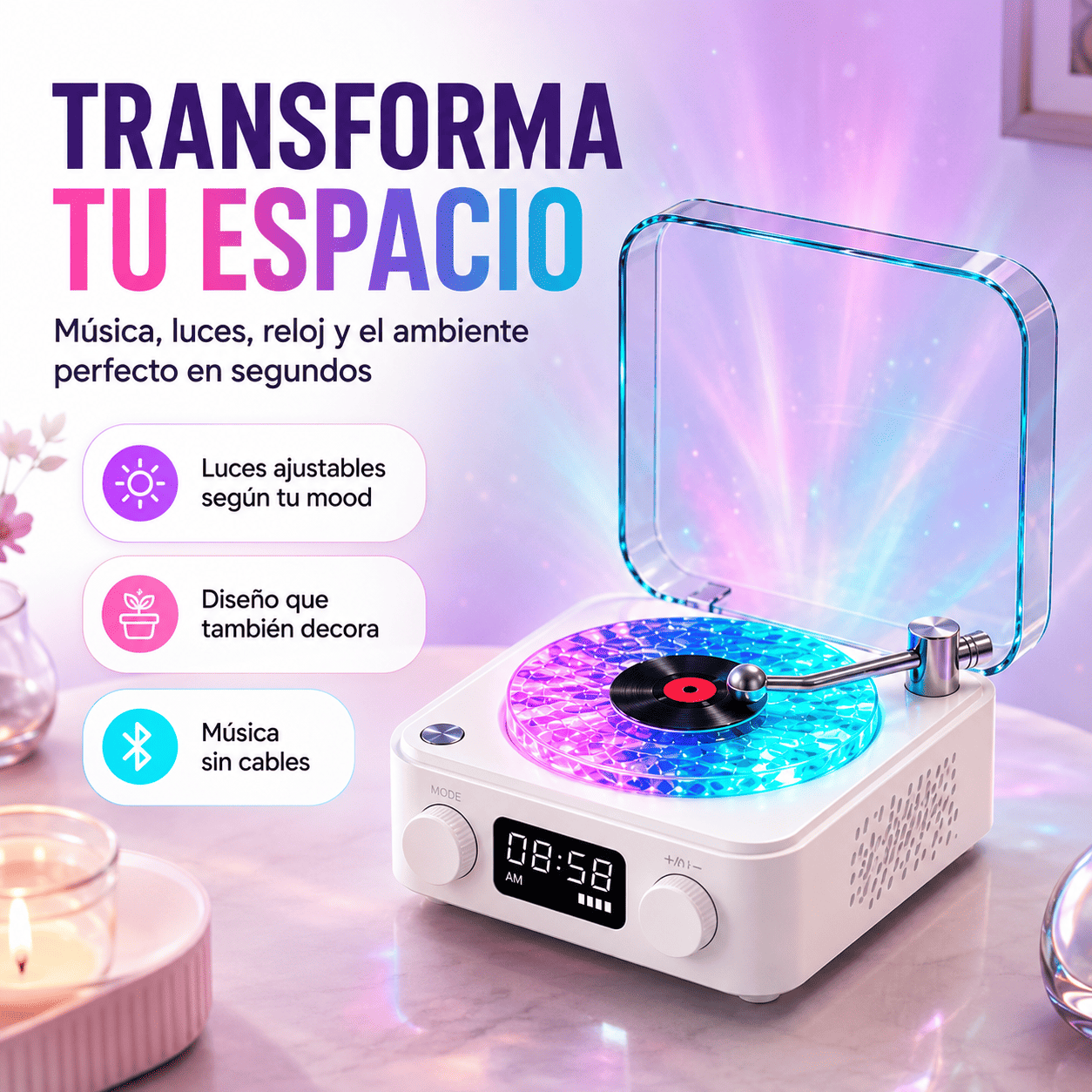 Lámpara Tocadiscos Bluetooth 4 en 1: crea tu nuevo rincón favorito 🌊