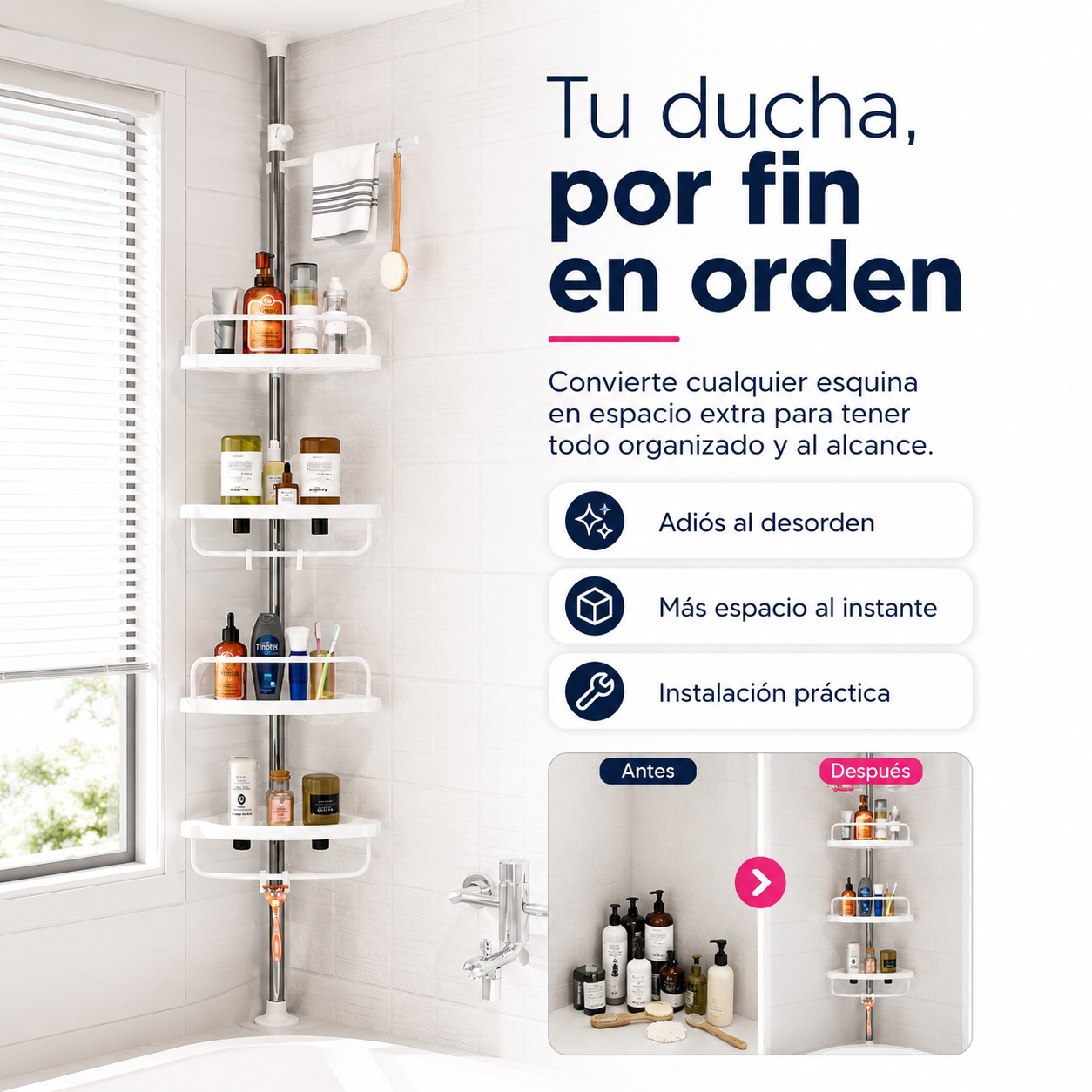 Esquinero de baño - DEJA EL DESORDEN ATRAS, MANTÉN TODOS TUS PRODUCTOS EN UN LUGAR