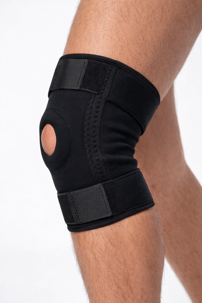 Rodillera deportiva ajustable con soporte de rótula y compresión activa