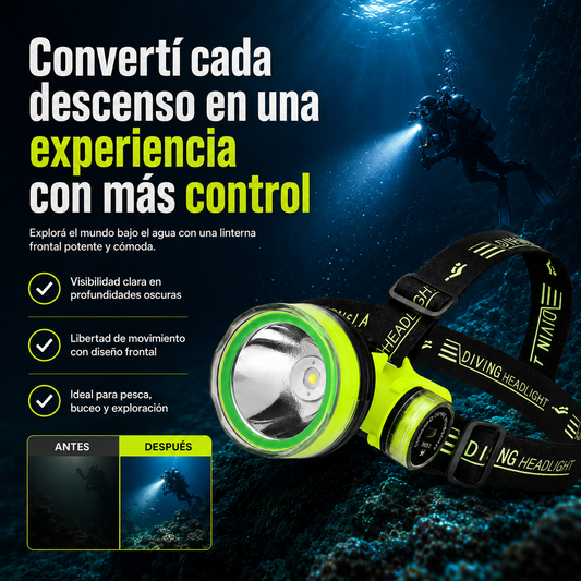 Linterna Frontal Profesional para Buceo – Potencia para Profundidades Extremas