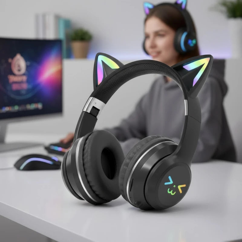 Audífonos inalámbricos con orejas de gato y luces LED 🎧