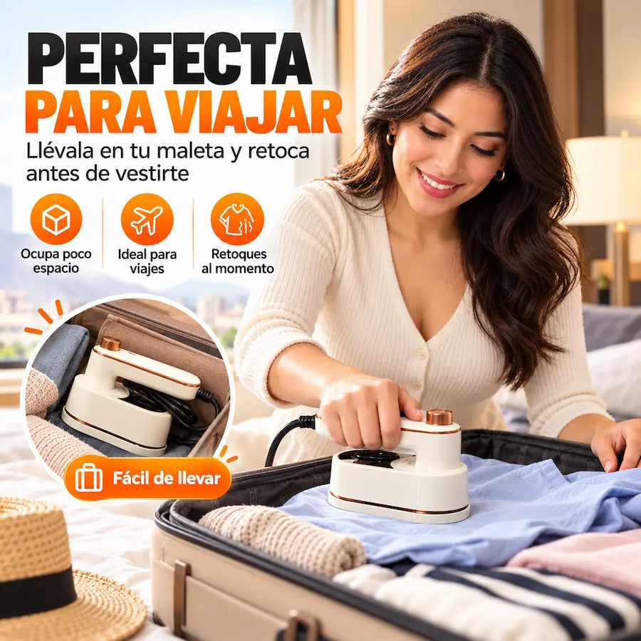 Ropa dentro de una maleta junto a una mini plancha portatil