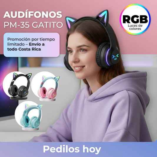 Audífonos inalámbricos con orejas de gato y luces LED 🎧