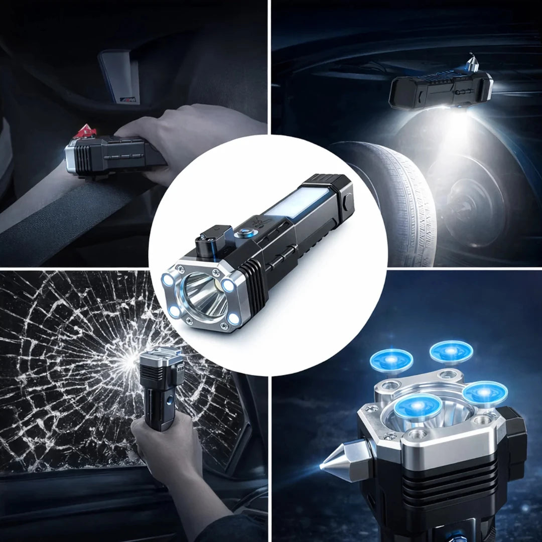 Linterna LED recargable de 3 W: haz de luz de largo alcance, herramienta de seguridad para emergencias en el coche, rompecristales, imán, 4 modos de iluminación