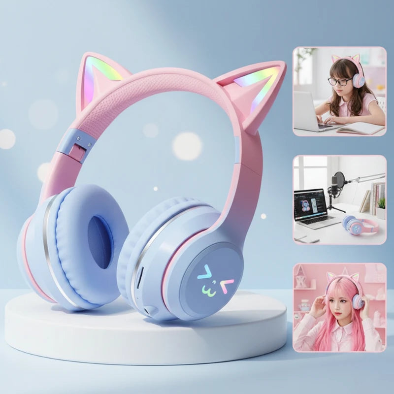 Audífonos inalámbricos con orejas de gato y luces LED 🎧