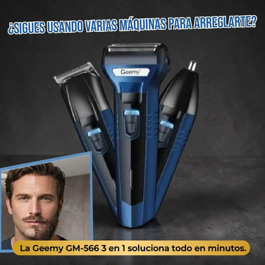 Afeitadora Geemy GM-566 3 en 1 Recargable, Barba Cabello Nariz y Orejas, Inalámbrica con 4 Guías 110V