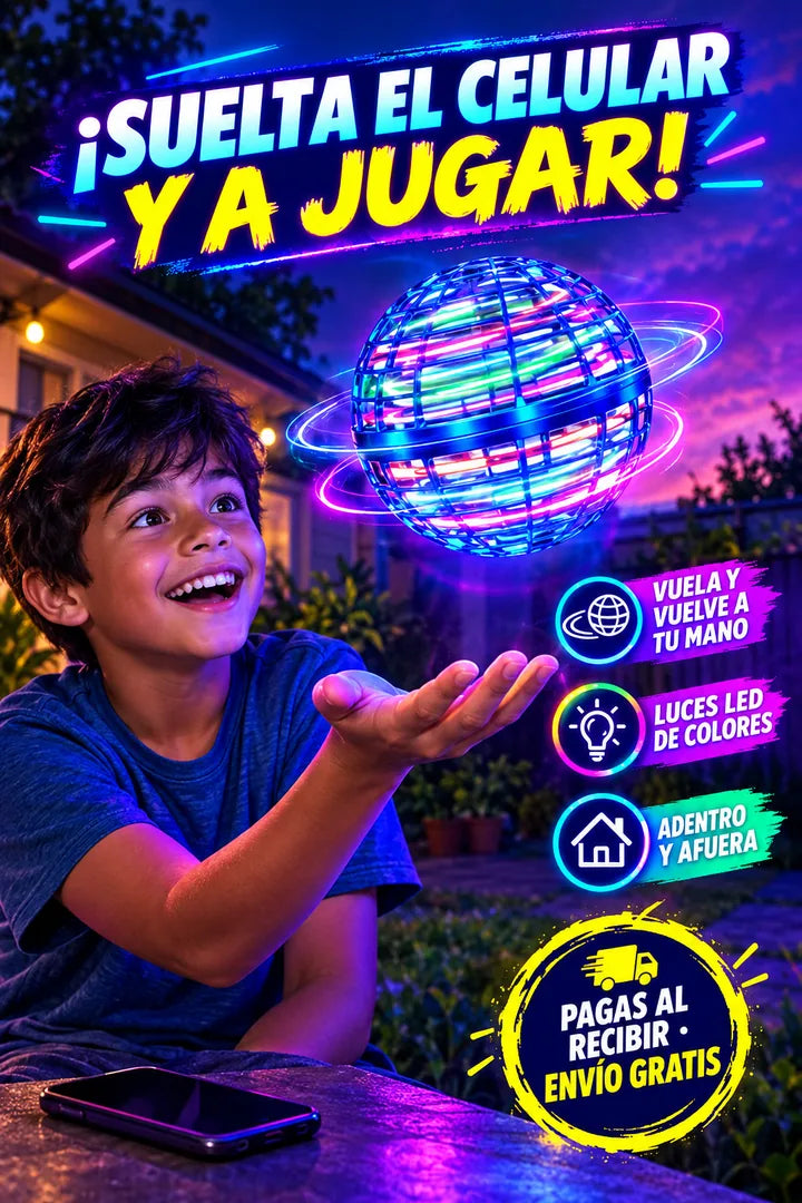 Bola voladora con luces LED flotando sobre la mano
