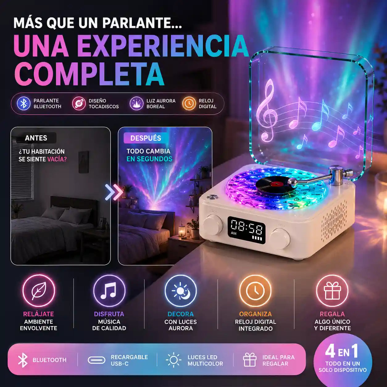 REPRODUCTOR 4en1 | Parlante Bluetooth+ Lampara aurora + Reloj digital + Tocadiscos decorativo