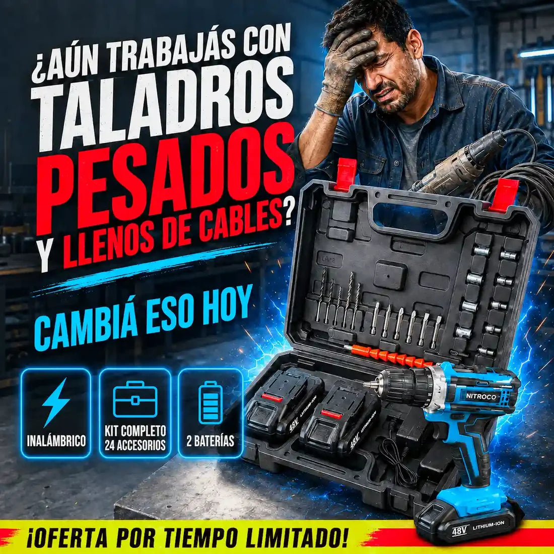 Taladro Inalabrico Profesional 48V - Sin Cables +  Kit de 24 Piezas + 2 Baterias