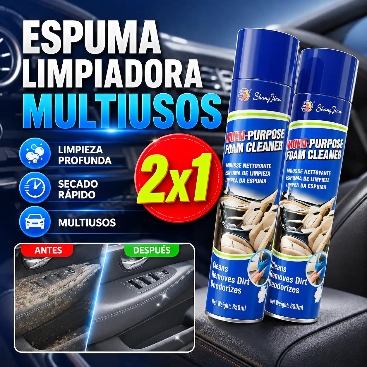 2x1 Espuma Limpiadora Multiuso PRO – Limpieza Eficaz sin Enjuague 🧼
