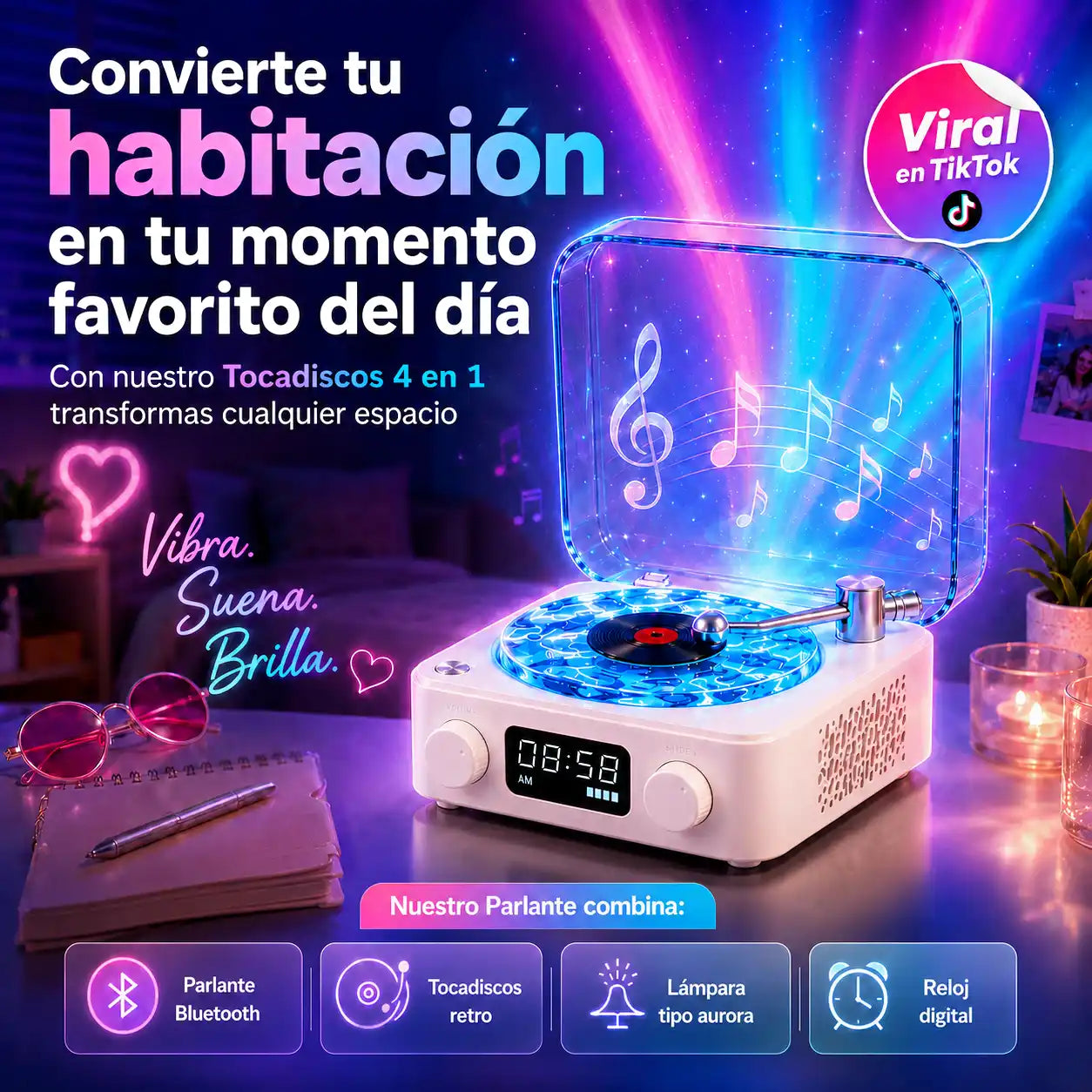 Tocadiscos Decorativo waves 4 en 1: luz aurora, música Bluetooth y reloj digital