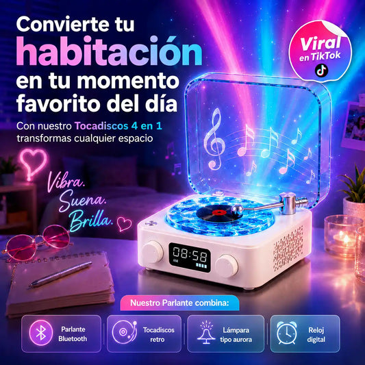 Tocadiscos Decorativo waves 4 en 1: luz aurora, música Bluetooth y reloj digital