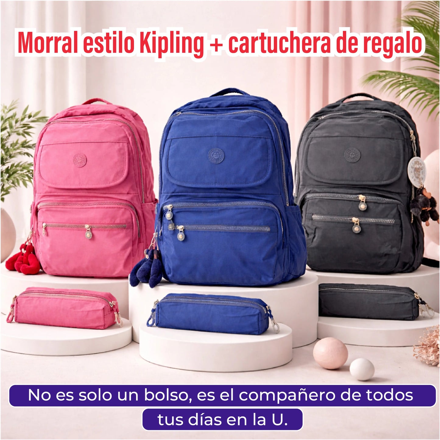 Morral estilo Kipling + cartuchera de regalo 🎁 – ligero, amplio y perfecto para tu día a día