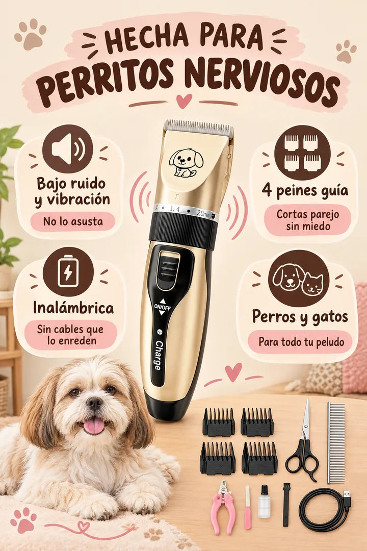 Hecha para perritos nerviosos: bajo ruido y vibración, 4 peines guía, inalámbrica, perros y gatos